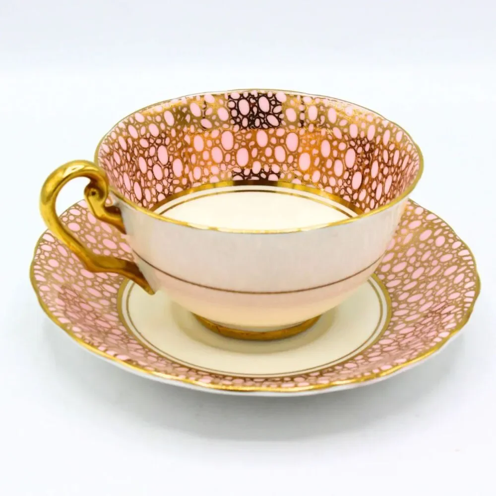 Vintage Victoria C&E Bone China Teacup & Saucer Pink Bubble Pattern Gold Gilt